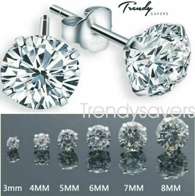 Women Men Genuine 925 Solid Sterling Silver Cubic Zirconia Round Stud Earrings