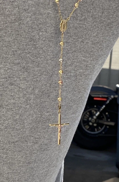 14k Tri-Color Yellow White & Rose Gold Necklace Rosary 19" Long 14k Tri-Color Yellow White & Rose Gold Necklace Rosary 19" Long