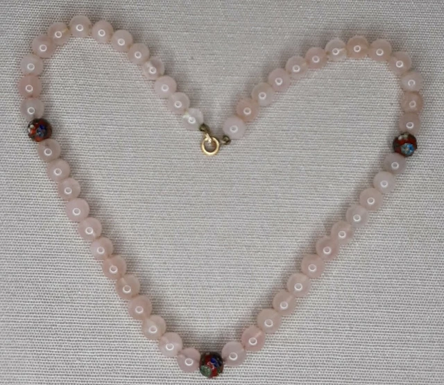 Vintage Necklace Rose Quartz Cloisonne Beads 17"