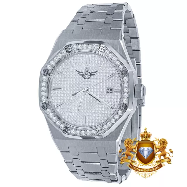 Stainless Steel 18K White Gold Tone Simulated Diamond AP Style Watch 42mm W/Date