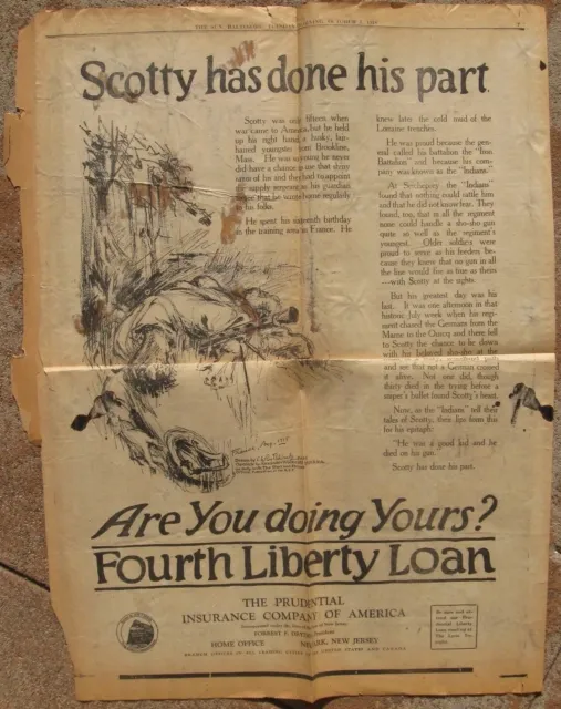 1918 Première Guerre mondiale Liberty Loan Advert - "Scotty a fait sa part" - USS Plattsburg