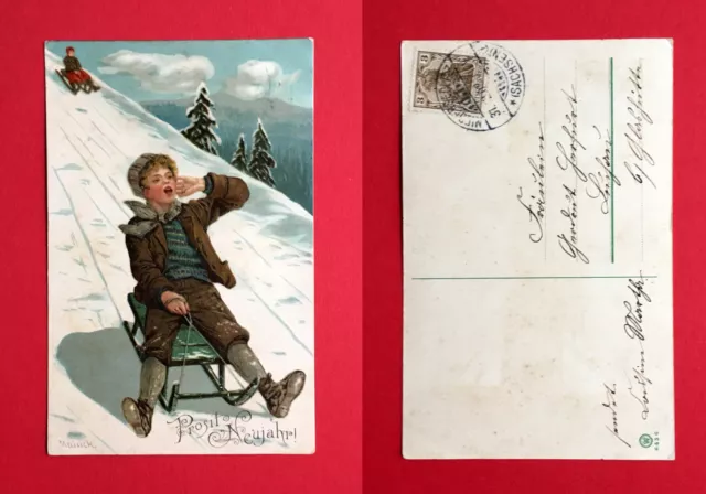 Künstler Glückwunsch AK von MAILICK 1908 NEUJAHR Kind auf Schlitten  ( 47018