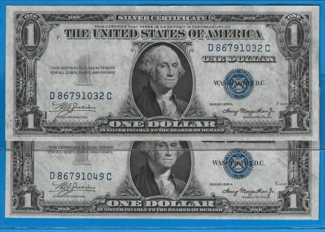 1935 A $1 Silver Certificate,2) Notes,D/C Block,Blue Seal,CH Crisp aUNC,Nice!