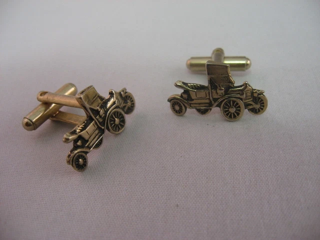 Vintage Mens Cufflinks: Gold Tone Antique Car Theme