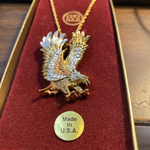 22KT.  G. E. P. Yellow Gold Flying Eagle Pendant Chain 18" Necklace NIB