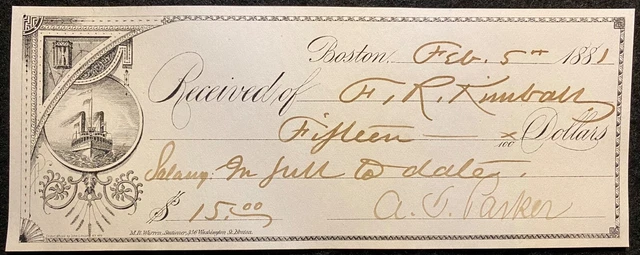 1881 *Boston, Massachusetts* $15.00 Receipt With "Steamship" Vignette!  Notable!