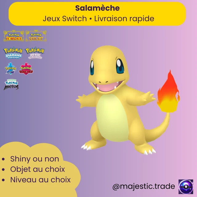 Pokémon Salamèche Shiny 6IV FR - Compatible Écarlate/Violet, BDSP, Arceus, SWSH - Neuf (non Ouvert)