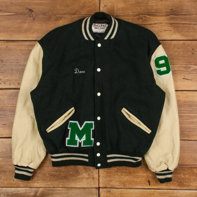 VINTAGE DELONG VARSITY Jacket L 90s Bomber American Football Green