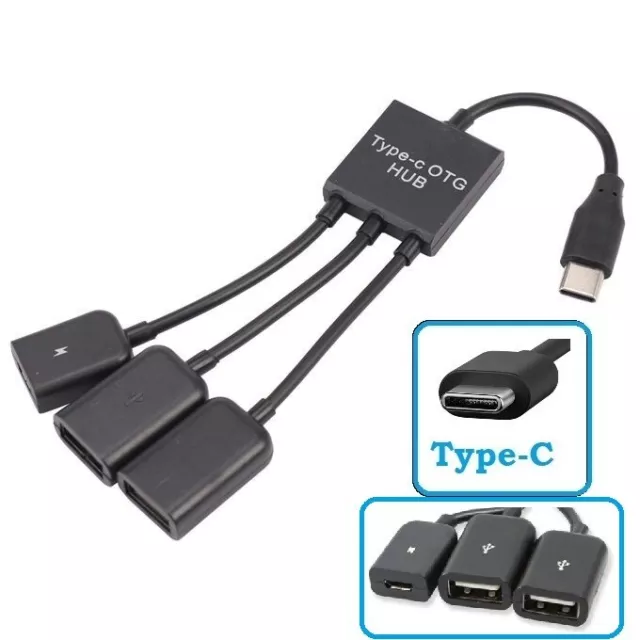 3 in 1 TYPE-C HUB MALE TO FEMALE and Double USB 2.0 Host OTG Adapter Cable UK