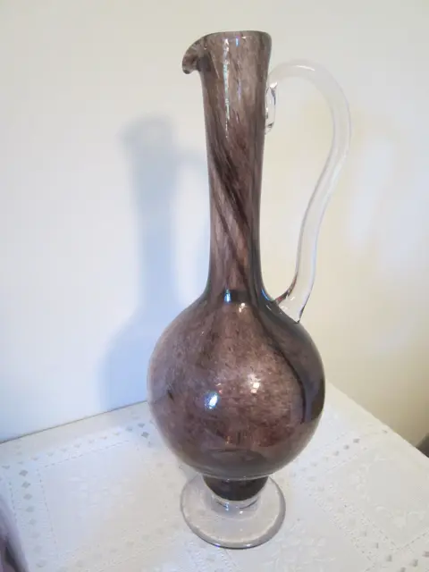 16.5" vintage hand blown art glass purple ewer wine pitcher clear applied handle