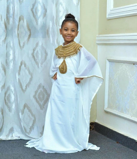 Marocchino Vestito Bambina Abaya Bianco Caftano Jilbab