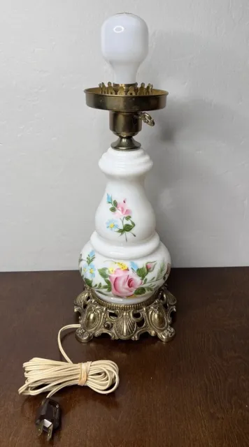 Vintage Gone With The Wind Lamp Brass Base Flowers Milk Glass TESTED Antique