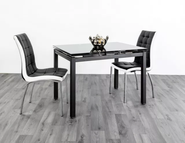 7star helen Extendable Black Glass Dining Table with 4 or 6 faux leather chairs