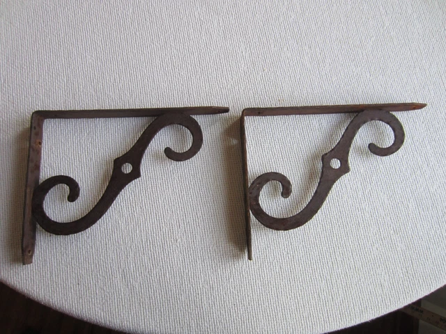 large pair VINTAGE HAMMERED METAL (Iron?) Shelf Brackets 10" x 7" x 1" GOTHIC