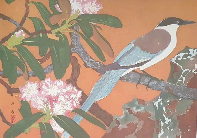 JAPANESE MAGPIE : by RAKUSAN, Old Art Print of a Japanese Woodblock