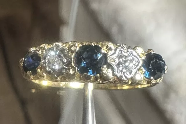 Antique English Victorian Etruscan 18k Yellow Gold Sapphire-Diamond Ring Sz 6.25