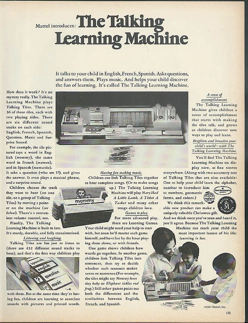 Talking Learning Machine MATTEL INTRODUCES THE Talking Learning Machine toy ad 1967 Black family ...