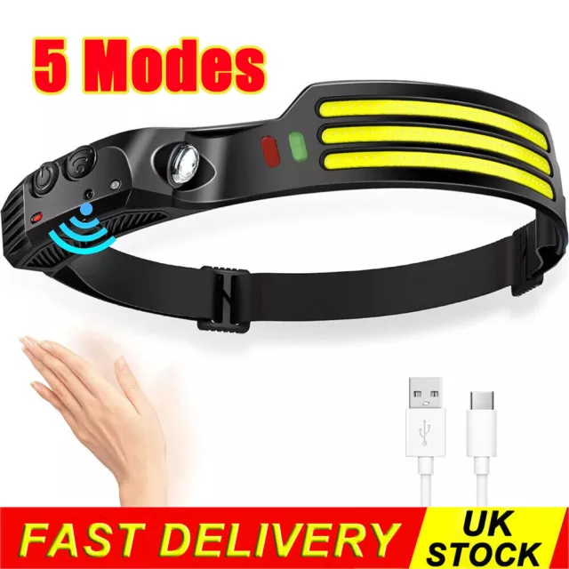 COB LED Headlamp Rechargeable Head Torch Wide Beam 230° 5 Mode Head Work Light