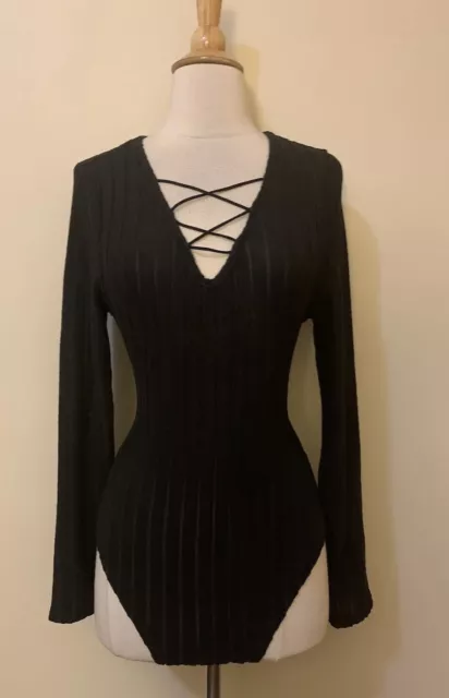 Womens NEW!!! Large & XL. Black Criss Cross Chest Long Sleeve Bodysuit.