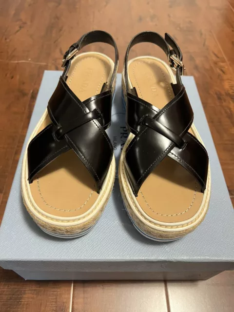 PRADA Black Leather Strappy Espadrille Platform Sandals Size 38.5