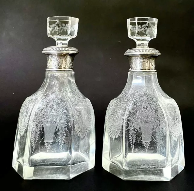 Pair (2)  Antique 19C French Crystal Etched Glass Decanters Sterling Silver 950