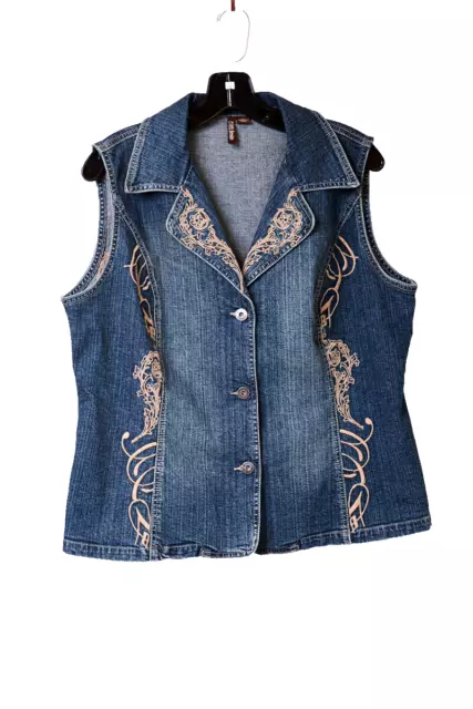 Women's Ethyl Embroidered Open Front Blue Denim Jeans Vest size L