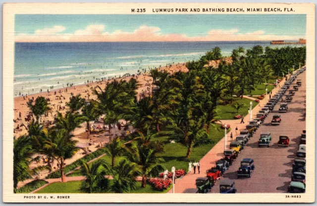 Lummus Park And Bathing Beach Miami Beach Florida Mainroad Palm Trees Postcard