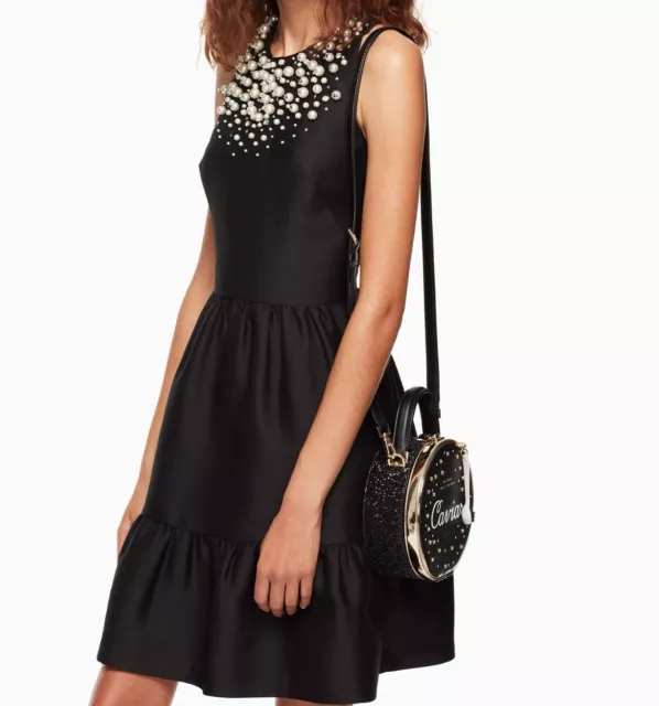 Kate Spade Mikado Pearl & Crystal Black Dress Fit & Flare NWOT $478 Sz 6