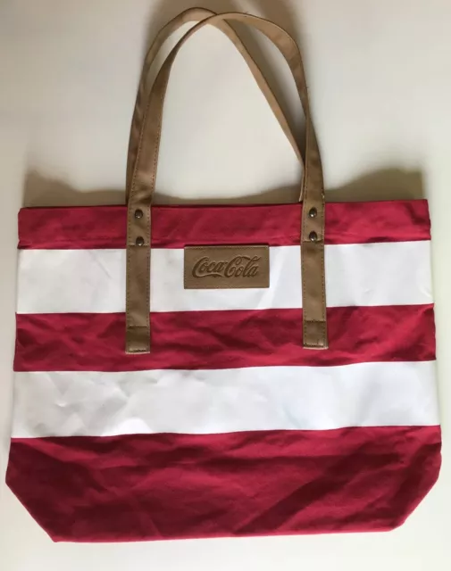 Coca-Cola Red White Stripe Canvas Beach Tote Bag With Brown Leather Straps