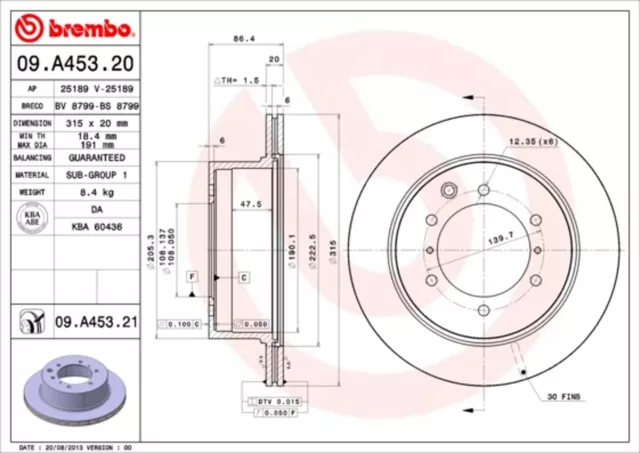 2x Bremsscheibe PRIME LINE - UV Coated BREMBO 09.A453.21 für HYUNDAI 315 HP 4WD