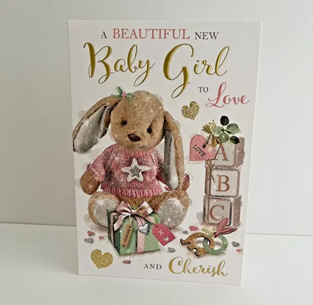 Beautiful New Baby Girl Card Jonny Javelin Bunny Teddy  Presents /SR672