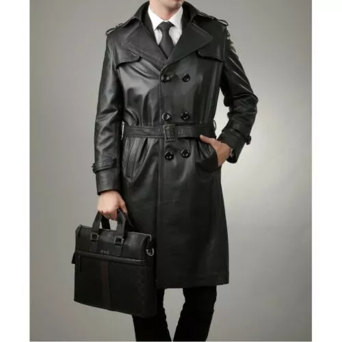 De Luxe Neuf Homme Noir Cuir Véritable Agneau Trench Pardessus 3/4 Veste Manteau