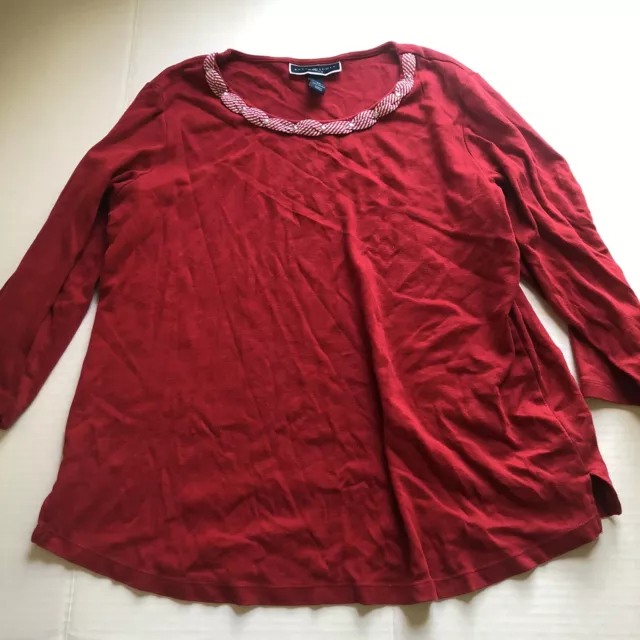 Karen Scott Red Embellished Neckline 3/4 Sleeve Top Women’s Plus Size 0X A218