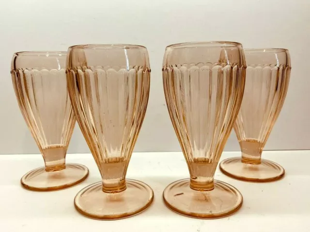 Vintage Set Of 4 Ribbed Pink Depression Glass Footed Soda/Parfait 6 Oz Glasses