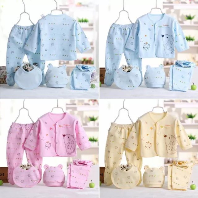 5pcs Newborn Baby Boy Girl Outfits Set Cartoon T-shirt Tops Pants Clothes 0-3 M