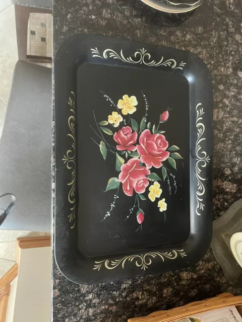 Vintage   Tray Shabby Chic Vanity Red Roses Wildflowers Ornate Scrolling Black