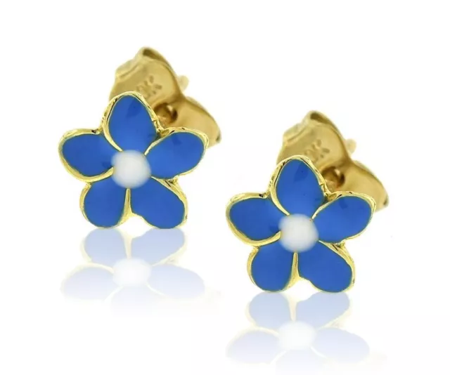 10K Yellow Gold Blue Enamel Flower Stud Earrings Small Girl's Studs