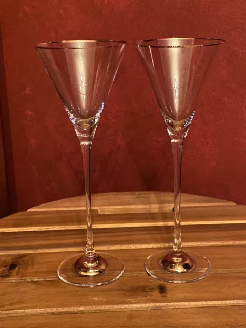 Unusual Set Of 2 Martini Glasses 9” Tall w/Gold Rim *Exquisite*