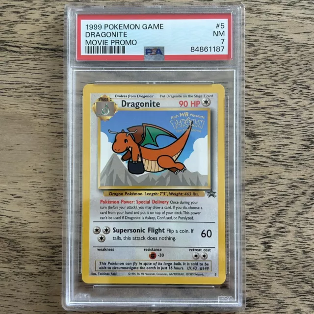 1999 Pokemon Game Dragonite Black Star Movie Promo #5 PSA Near Mint 7