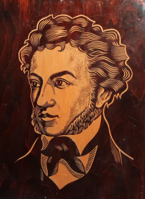 Vintage Russian engraved wood wall decor plaque Alexander Pushkin