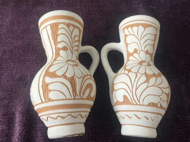 Pair of Korond Hungarian Pottery Jugs Hand thrown Hand carved White Beige Floral