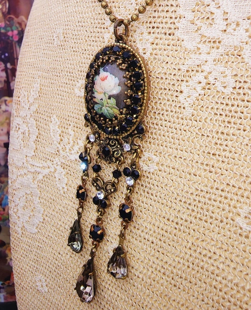 Michal Negrin Pendant Necklace Black Victorian Cameo Handmade Floral Teardrops