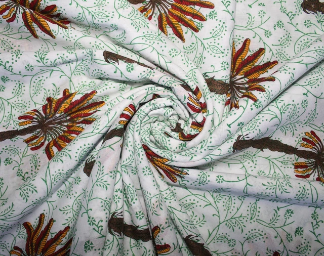 2.3m Tissu Coton Arbre Indien Main Bloc Imprimé Couture Vêtements Artisanat