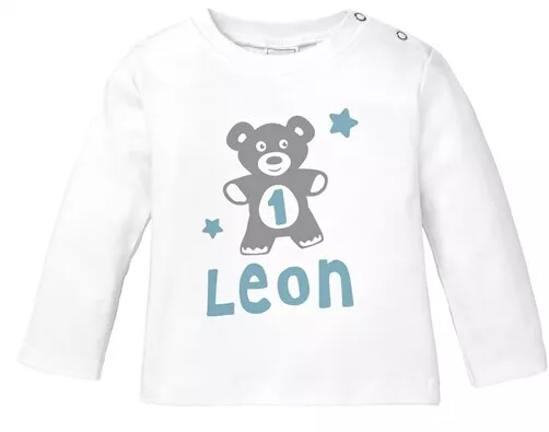 personalisiertes Baby Langarm-Shirt mit Namen Teddy-Bär Zahl 1 | 2