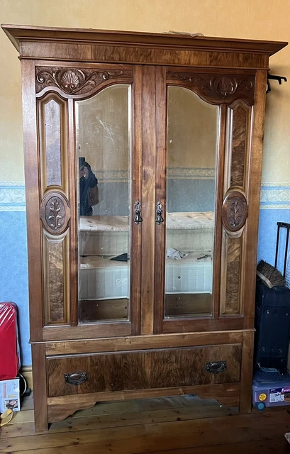 Antique Walnut And Mahogany Wardrobe Mirrored Doors