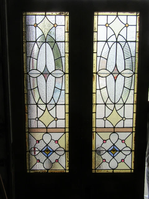 ~ ANTIQUE STAINED GLASS DOUBLE ENTRANCE FRENCH DOORS ~ 41.5 x 89.75 ~ SALVAGE