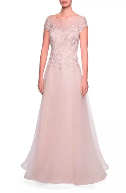 La Femme Blush Pink Floral Lace Applique Sparkle Tulle A-Line Gown Sz 18 $575