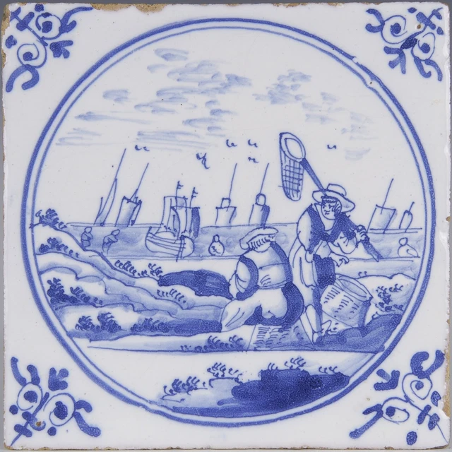 Nice Dutch Delft Blue fine painted tile, fisherman, 18th. century.