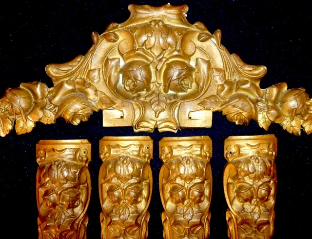Set Of 5 Amazing French Antique Brass / Bronze Pediments Mounts Decors Rose Buds