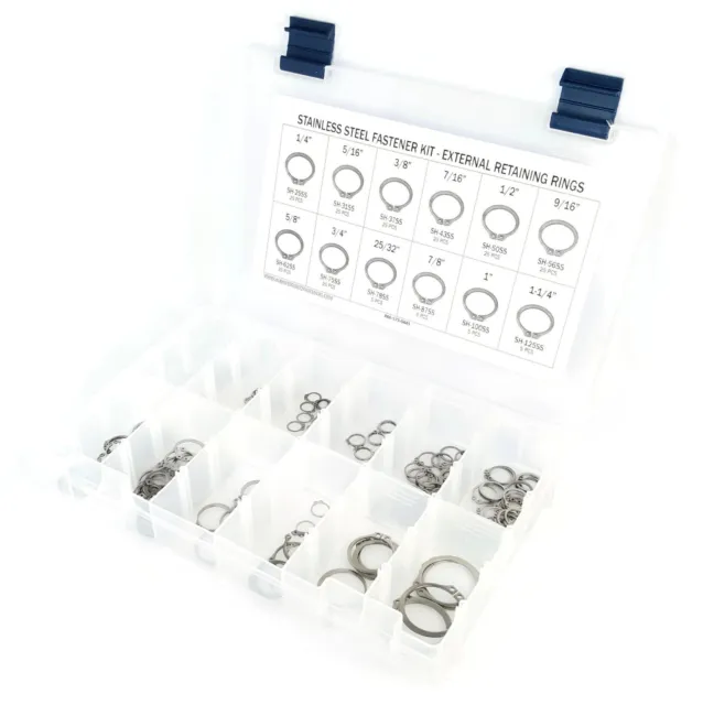 Stainless Steel External Snap Retaining Ring Kit - 221 Pieces - 12 Sizes